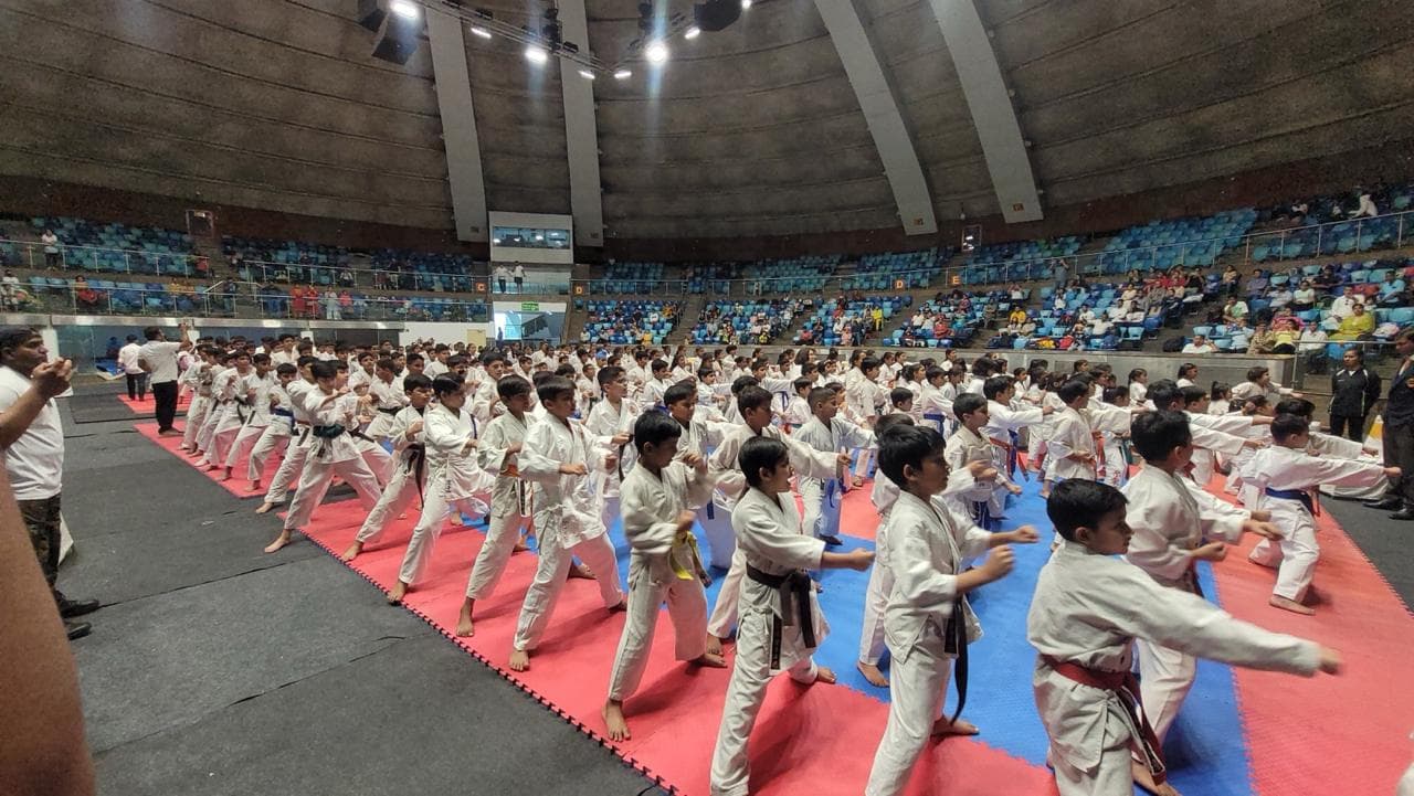 Large martial arts group training session