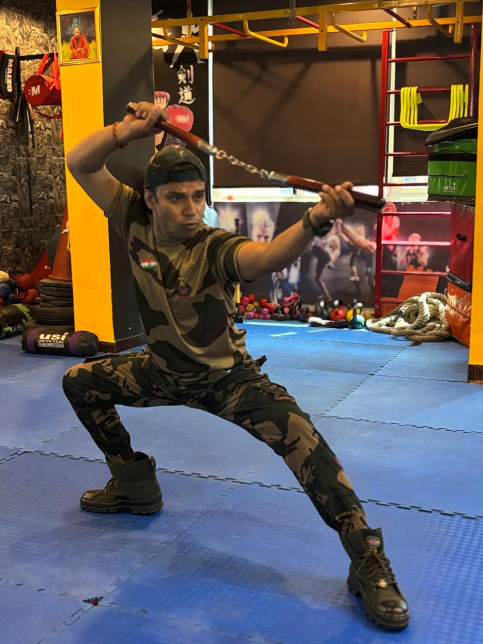 Military martial arts action pose during training
